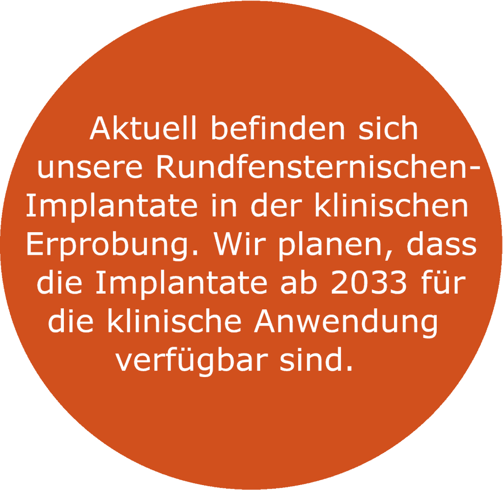 Aktuell befinden sich unsere Rundfensternischenimplantate in der klninischen Erprobung, Wir planen, dass die Implantate ab 2033 für die klinische Anwendung verfügbar sind.